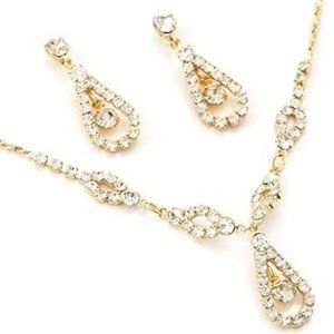 Women Gold  Necklace with Crystal Inserts & Matching Dangle Earrings Jewelry Set